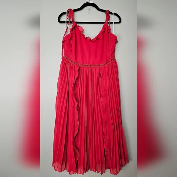 Lulus Never a Dull Moment Bright Red Tie-Strap Pleated Midi Dress, Size XL - Picture 9 of 11